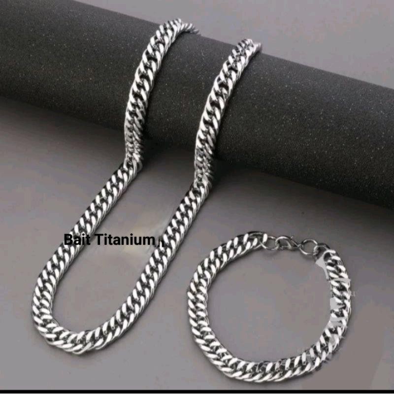 KALUNG TITANIUM RANTAI PRIA DAN GELANG RANTAI  PRIA TITANIUM MACHO SATU SET / KALUNG TITANIUM