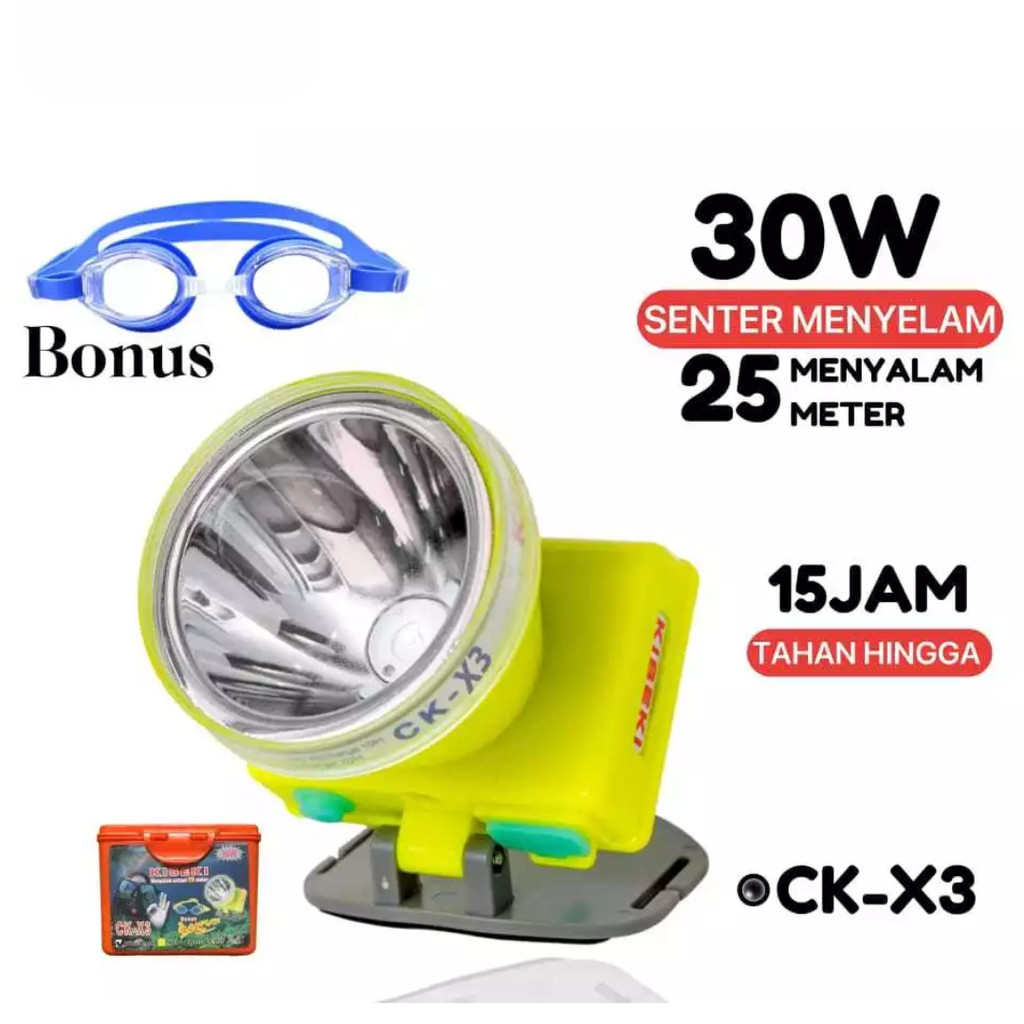 Kiseki Senter Kepala Selam CK-X3 30Watt - Cahaya Putih [Free Kaca Mata Renang]