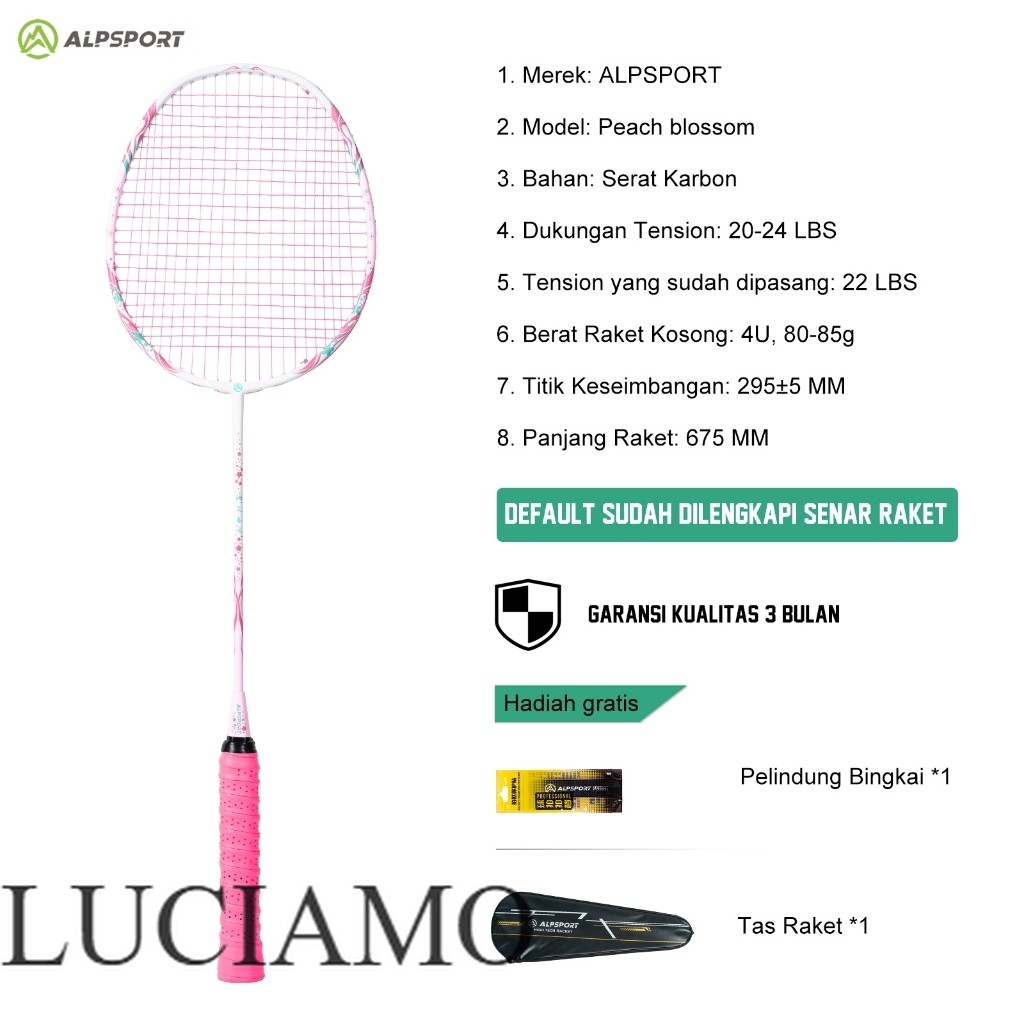 [  LUCIAMO ] ALPSPORT New Cherry Badminton Racket 100% Serat Karbon Penuh Desain Asli Model Dewi Des