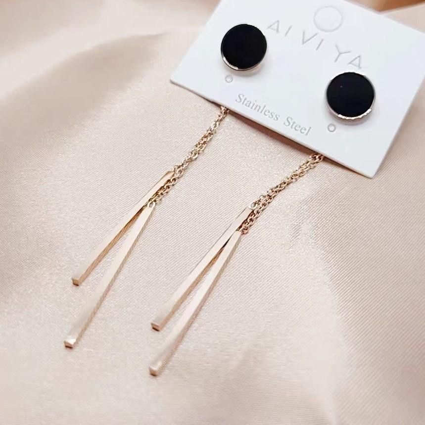 anting tusuk titanium perhiasan fashion bulat hitam 2 jurai