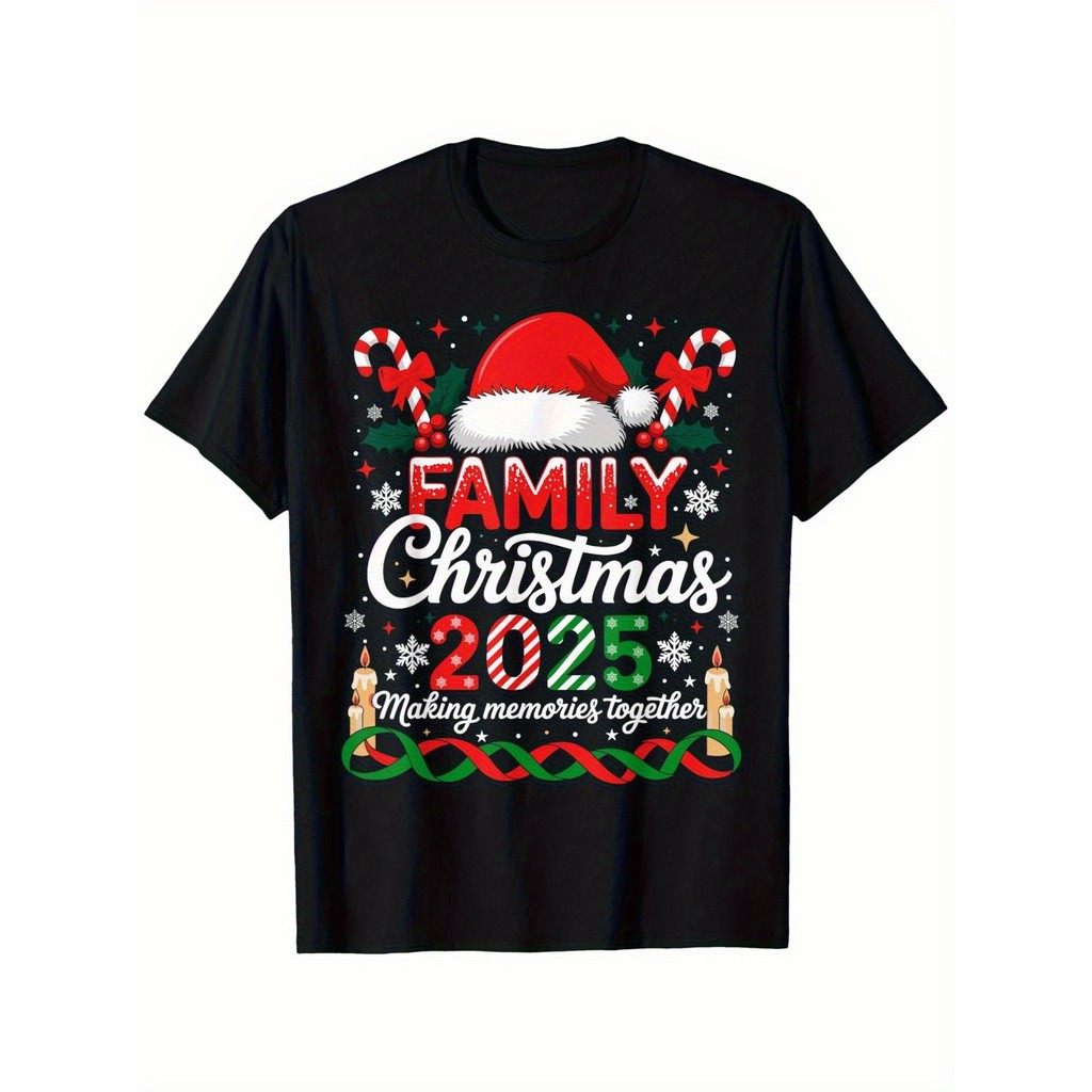 Kemeja Natal Keluarga 2025 Pakaian Serasi - Kaos Leher Bulat 100% Pria & Wanita dengan Cetakan Topi 