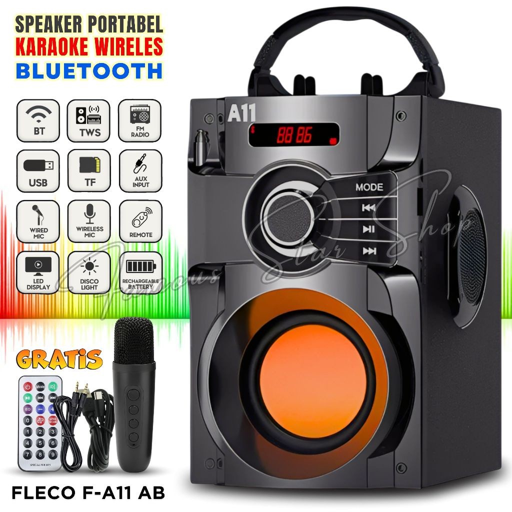 RB 590 Speaker TV Full Bass, HP, Laptop, Komputer SPEAKER FLECO A11 AB Mic Tanpa Kabel /Karaoke Jack