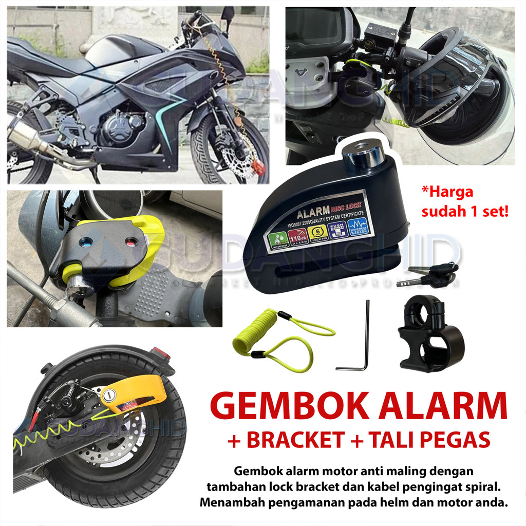 Gembok Alarm Anti Maling Cakram Kunci Alarm Motor Paket Bracket Kabel