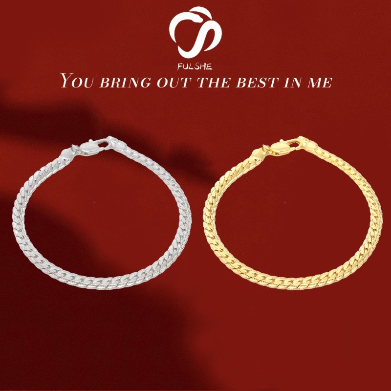 FULSHE Gelang Datar Pria 18K Sederhana Berlapis Emas 20cm Perhiasan