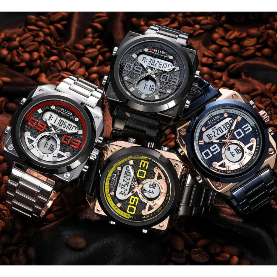 Jam Tangan Pria Belleda 9308 Analog Digital Model Segi Fashion Sporty Watches 50 Meter