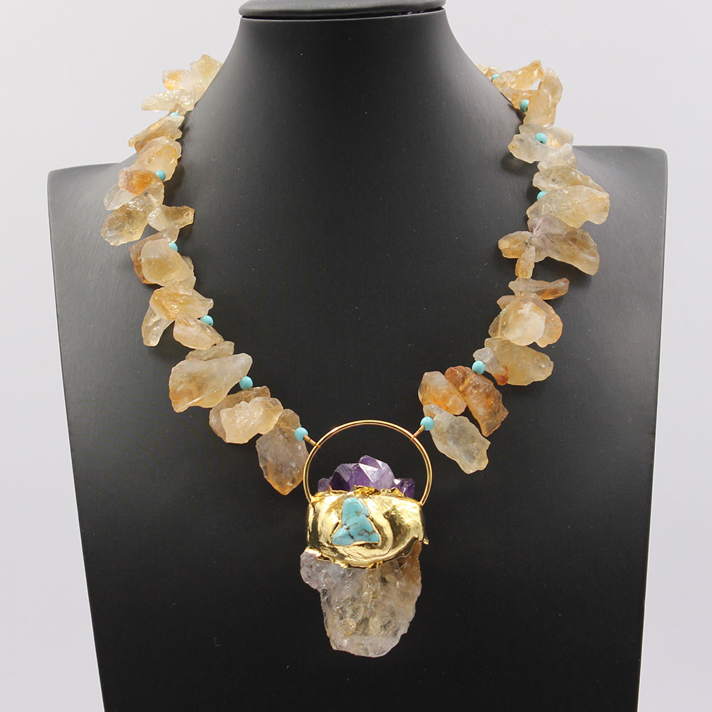 GG Natural Yellow Citrine Topaz Rough Nugget Necklace Gold Plated Amethyst Turquoise Pendant Handmad