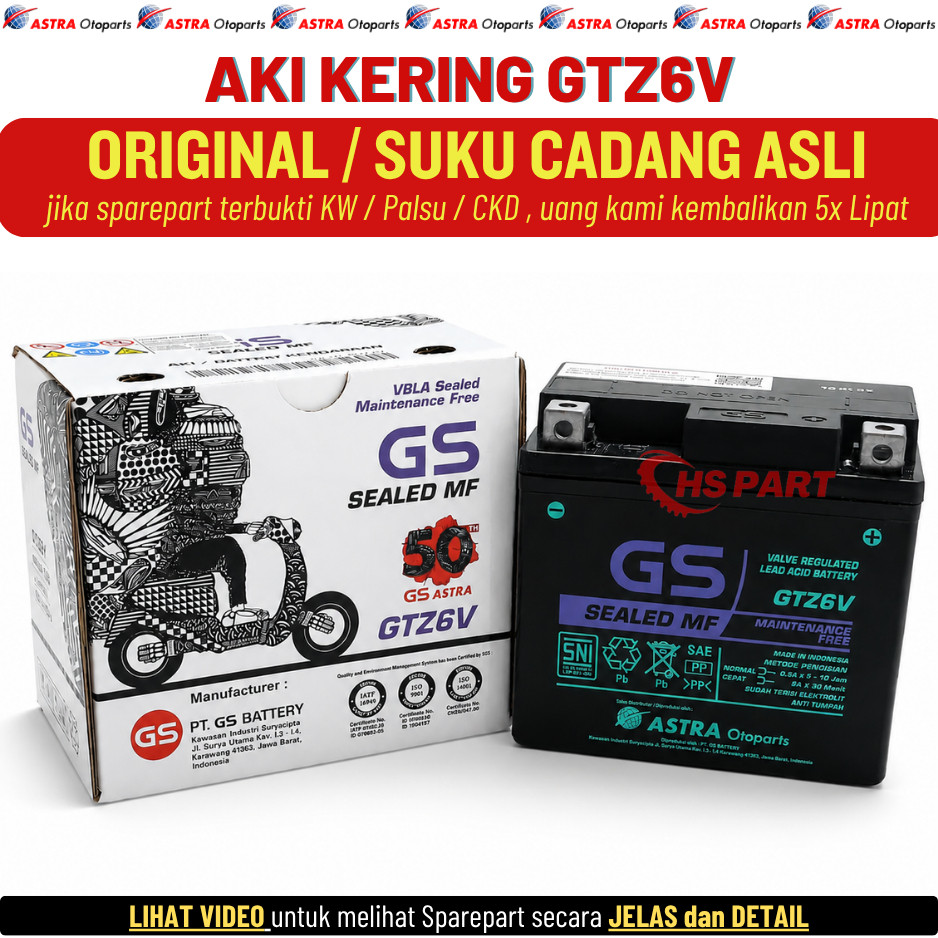 Aki Kering GS Astra GTZ6V Yamaha Aerox 155 New Original 100%