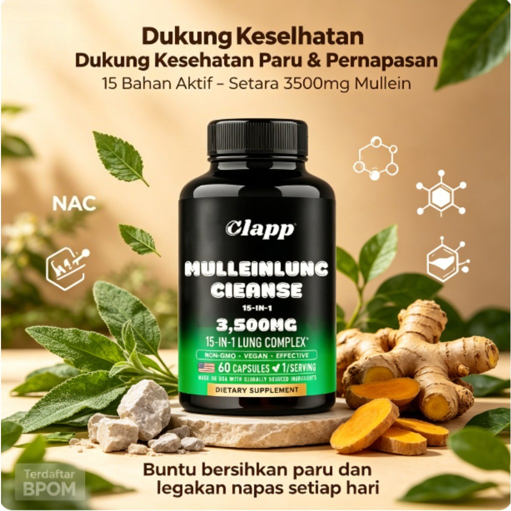 Clapp Mullein Lung Cleanse Kapsul 60 15 in 1 3500mg Ekstrak Mullein + NAC + Quercetin Dukung Paru ly