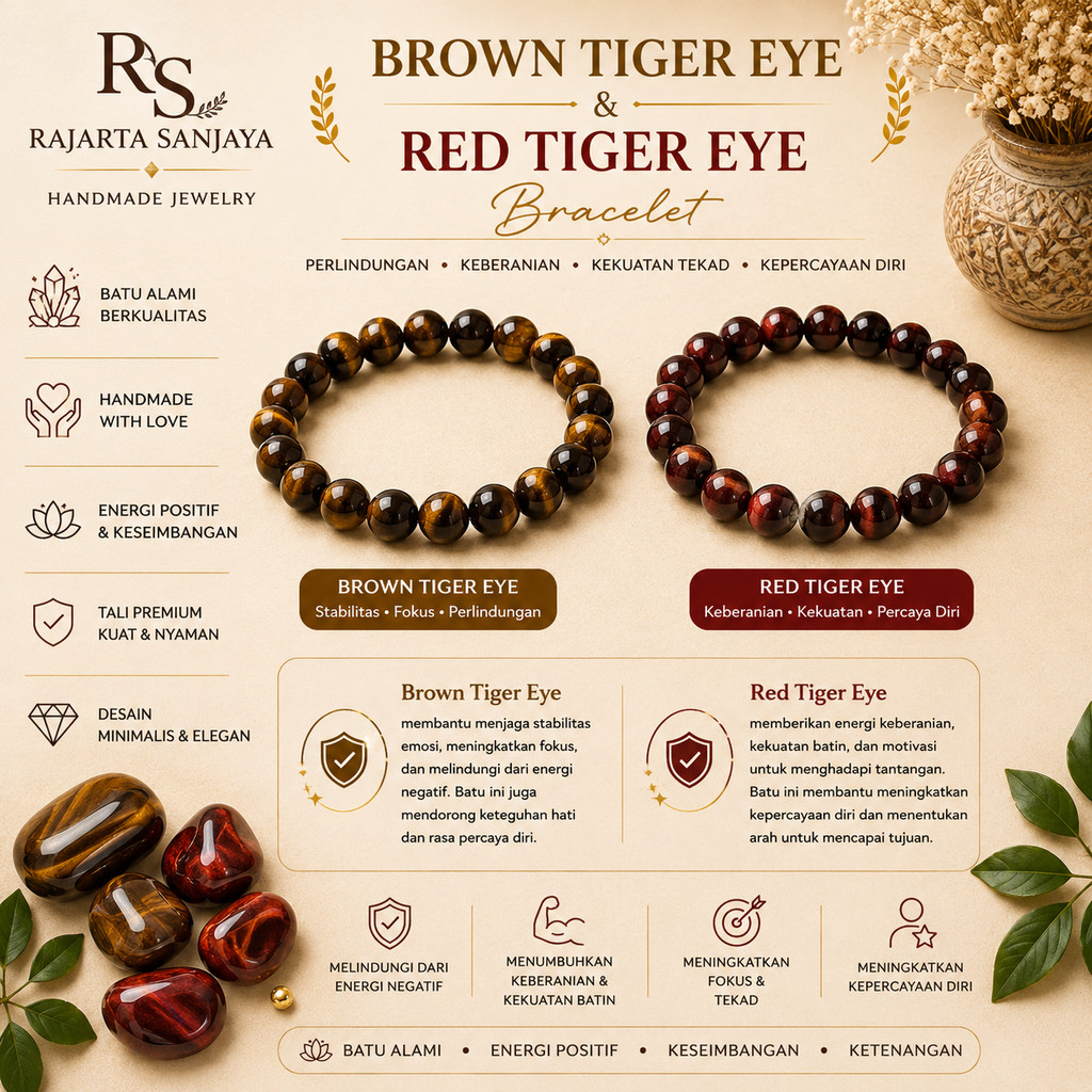 Gelang Red Tiger Eye & Brown Tiger Eye 8mm – Elastis | Natural Crystal