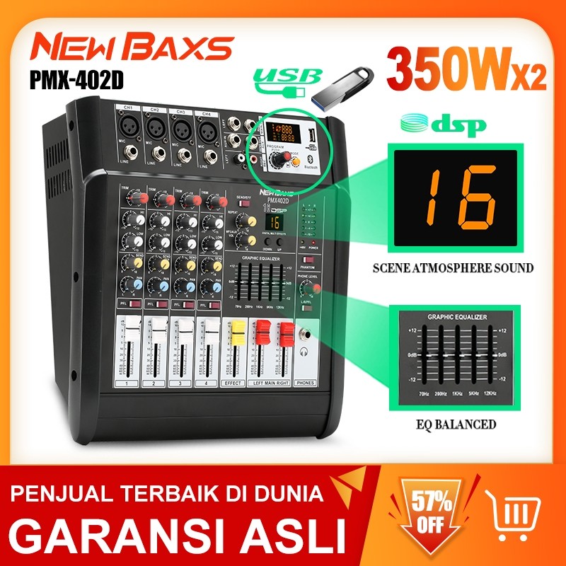 NEW BAXS Mixer Audio Profesionah PMX402D/PMX402S 4 saluran denganefek 16DSP bawaan Penguat daya 350w