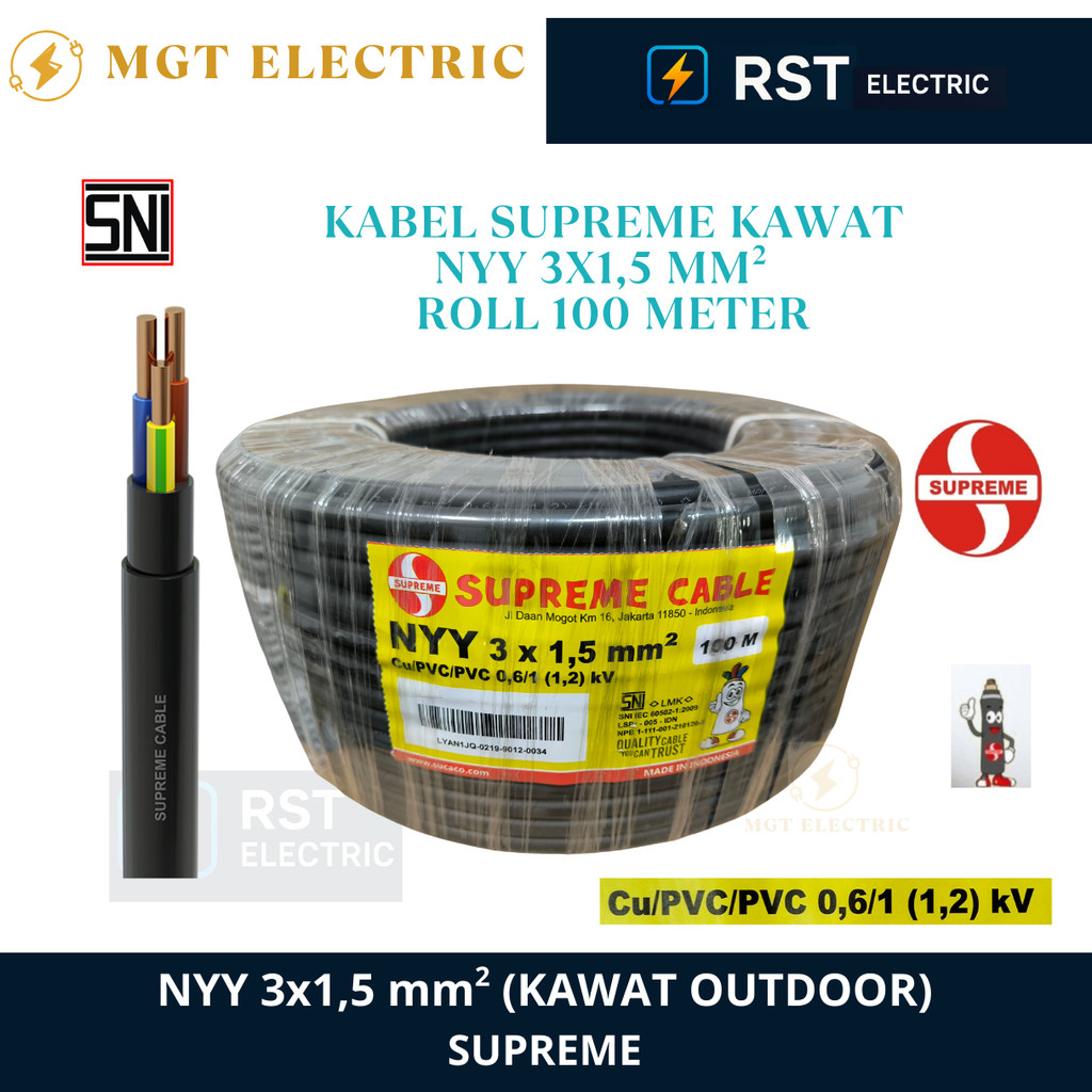 SUPREME NYY 3X1.5MM ROL 100M / NYY SUPREME 3X1,5 MM ROL 100 METER / Kabel Listrik KAWAT HITAM SUPREM