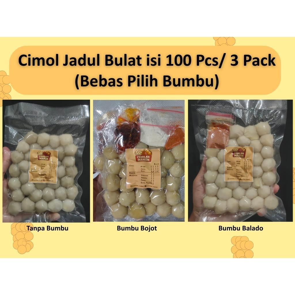 

Cimol Jadul Bulat Frozen 3 Pack x 33 pcs free Bumbu Cemilan Maken
