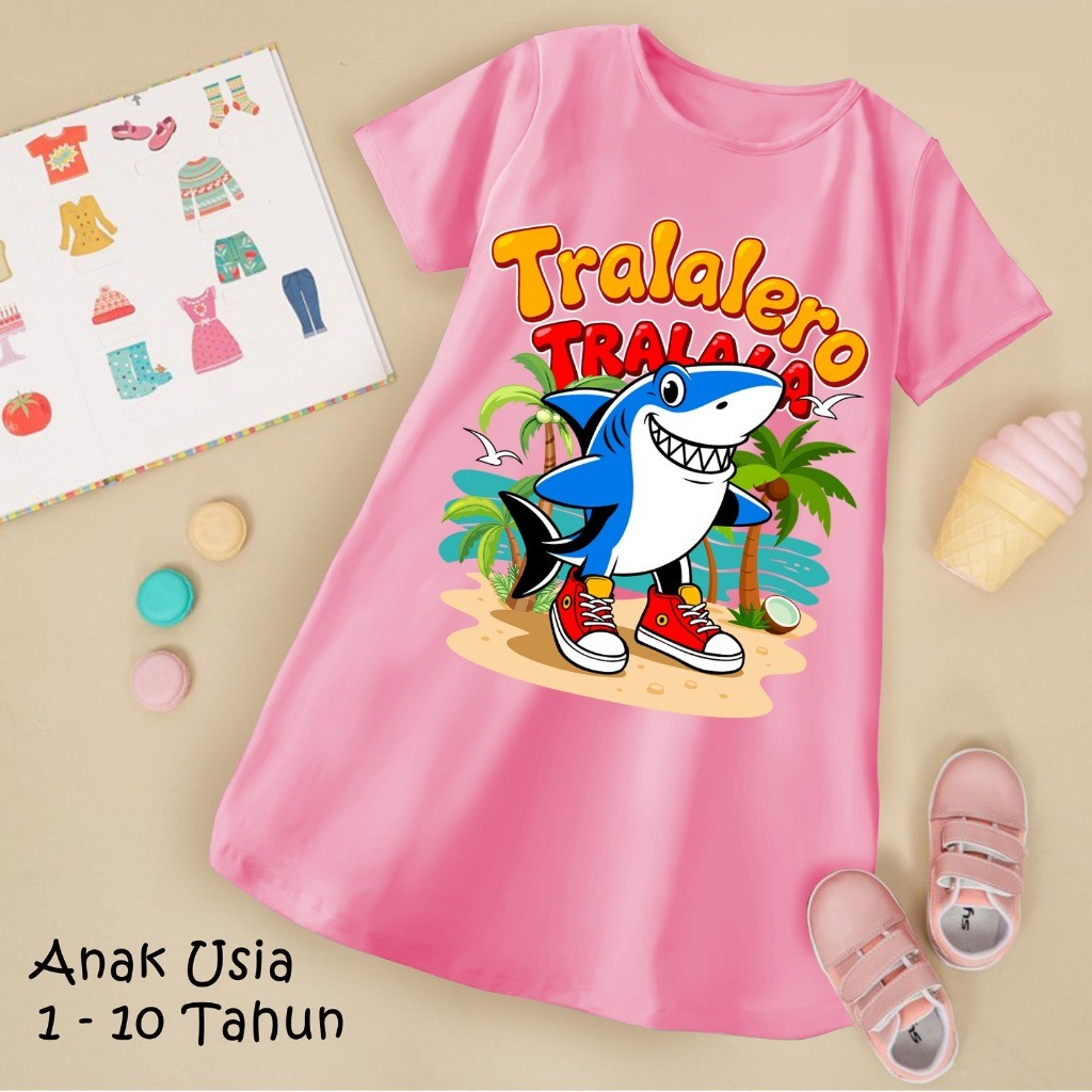 Daster Anak Perempuan Anomali Tralalero Tralala Terbaru Dress Santai Lucu Usia 1-10 Tahun