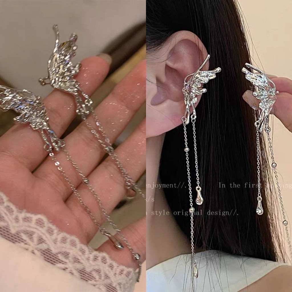 1Pair Elegant Elf Butterfly Long Tassel Clip Earrings for Women Wed Bridal Retro Kpop No Piercing Ea