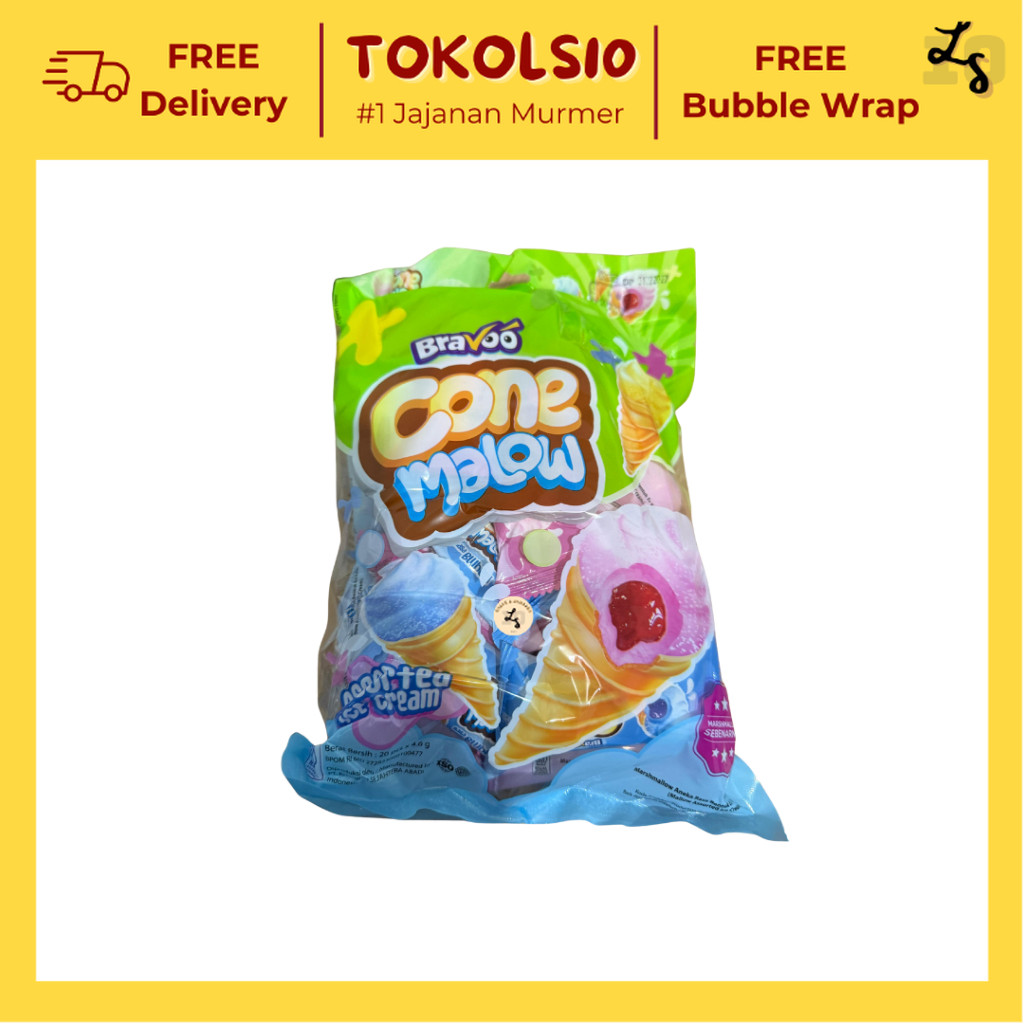

[1 PACK isi 20 pcs] Bravoo Cone Mallow Marshmallow Bentuk Ice Cream Rasa Buah 20x4.6gr