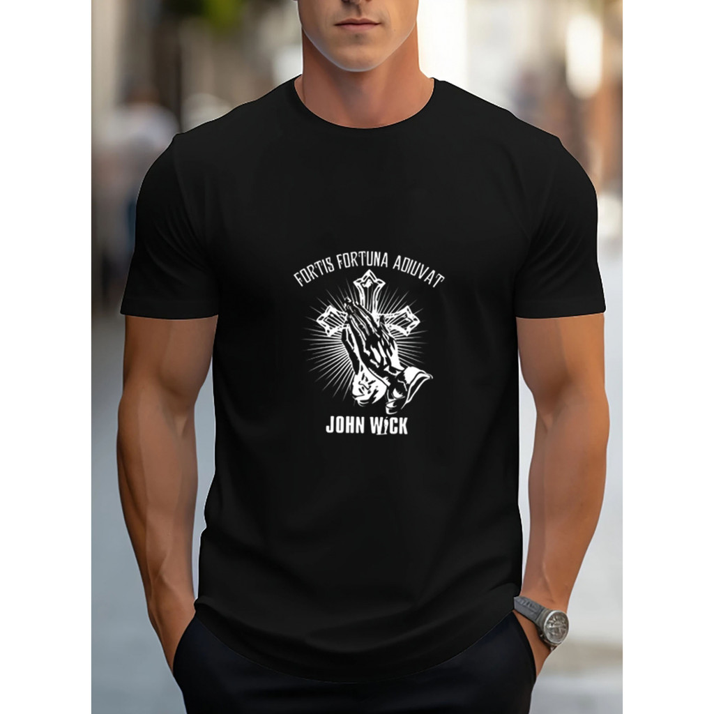 Kaos Grafis Pria Terinspirasi John Wick - Kaos Putih dengan Desain & Teks Gun Crossing - Kaos Santai