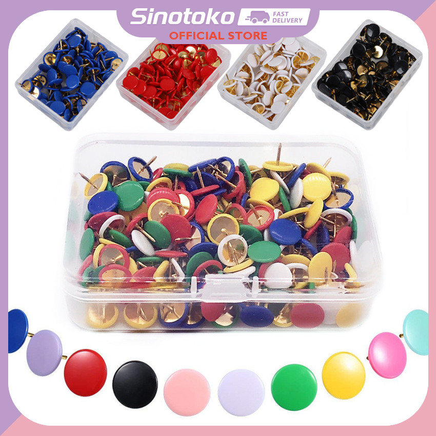 

100 Pcs Thumb Tacks Paku Payung Kecil – Warna Warni (Hitam, Putih, Biru, Merah) Datar, untuk Papan Gabus, Foto & Alat Tulis Kantor