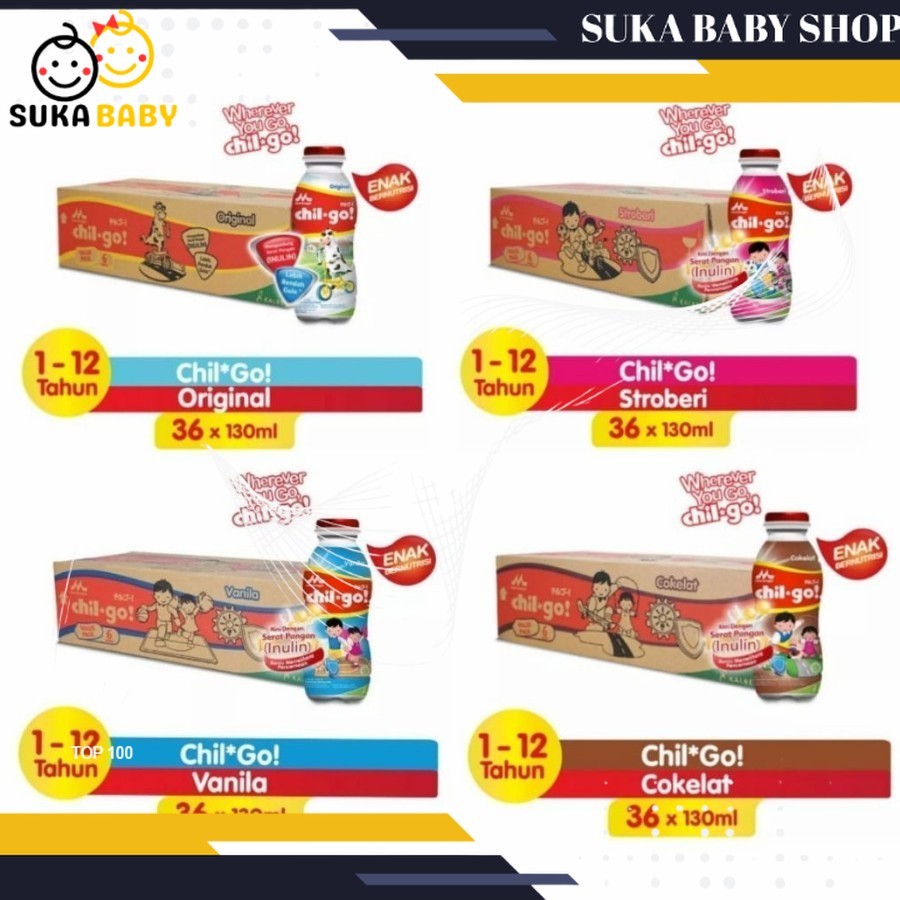Chil Go UHT Dari Morinaga Liquid 1 Karton Dus 36 Botol Susu Cair Rasa Coklat Vanilla Strawberry