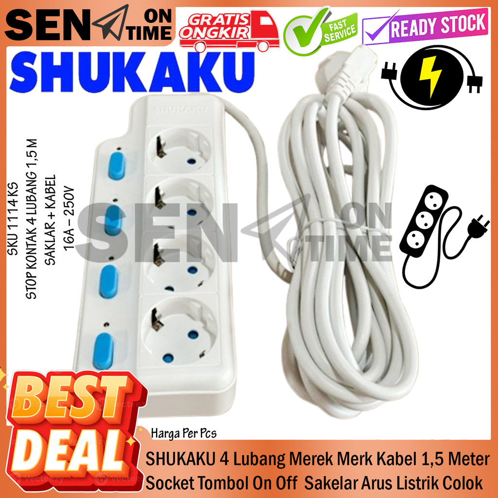 SHUKAKU Saklar Biru Socket Tombol On Off  StopContact Stop Kontak USB 4 Lubang Merek Merk Kabel 1,5 