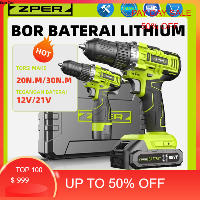 ZPER Bor Baterai Mesin Bor Cordless Listrik Cas Tangan Bor Tanpa Kabel Bor Lithium ZP011 COD