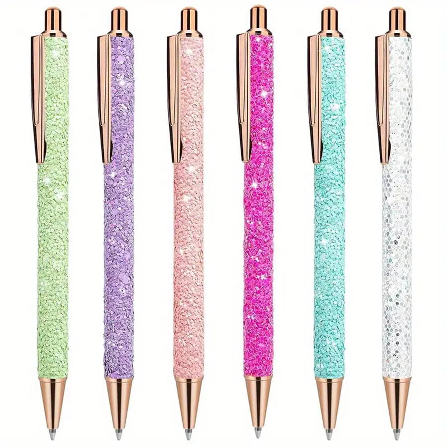 

6 Pack Of Cute Pens For Journaling, Gift Pretty Fancy Pens Glitter Ballpoint Pens With Retractable Writing Black Ink Medium Poin