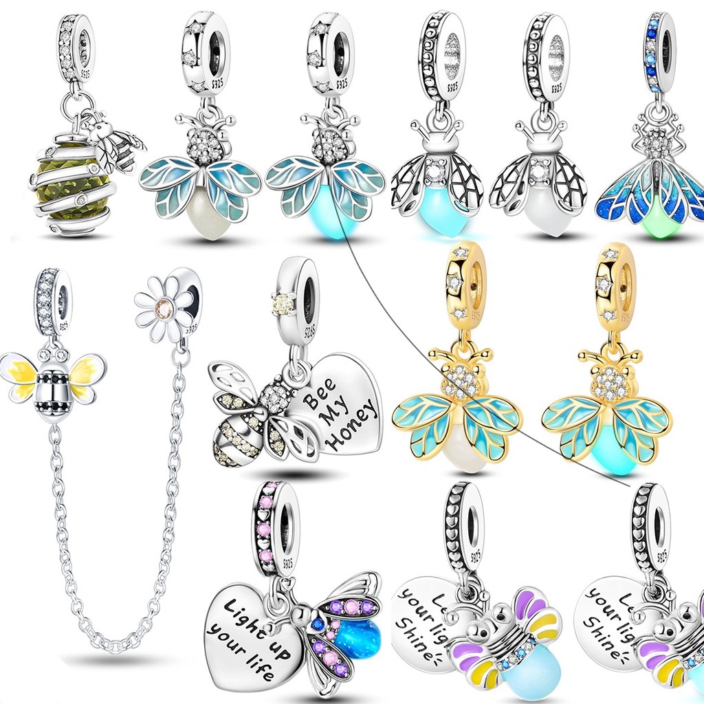925 Sterling Silver Luminous Firefly Charms Beads Lovely Bee Honey Dangle Fit Original Pandora Brace