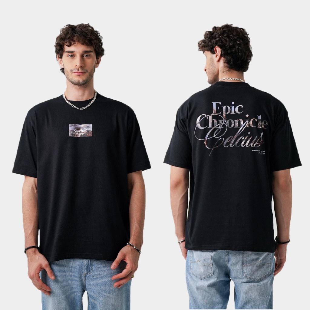 [HOT] CELCIUS "EPIC CHRONICLE" Oversized Graphic T-Shirt LIN000798C Hitam T-shirt pria