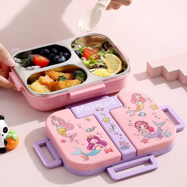 Pumer Lunch Box Anak 3 Sekat Lucu + Sendok - Tempat Bekal Sekolah Anti Bocor kotak makan Anak Stainl
