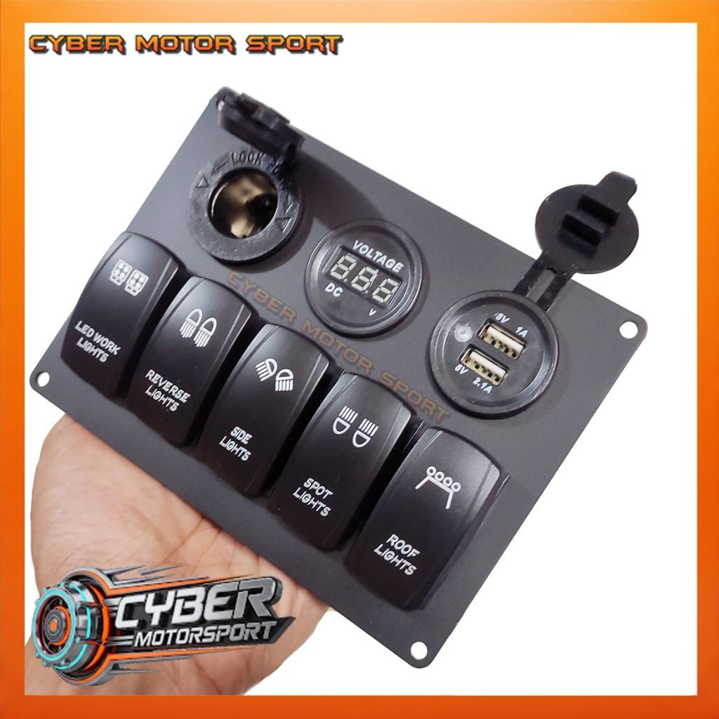dashboard panel mobil instrument saklar 5 tombol usb charger volt meter dc socket 12 volt 24 volt. S