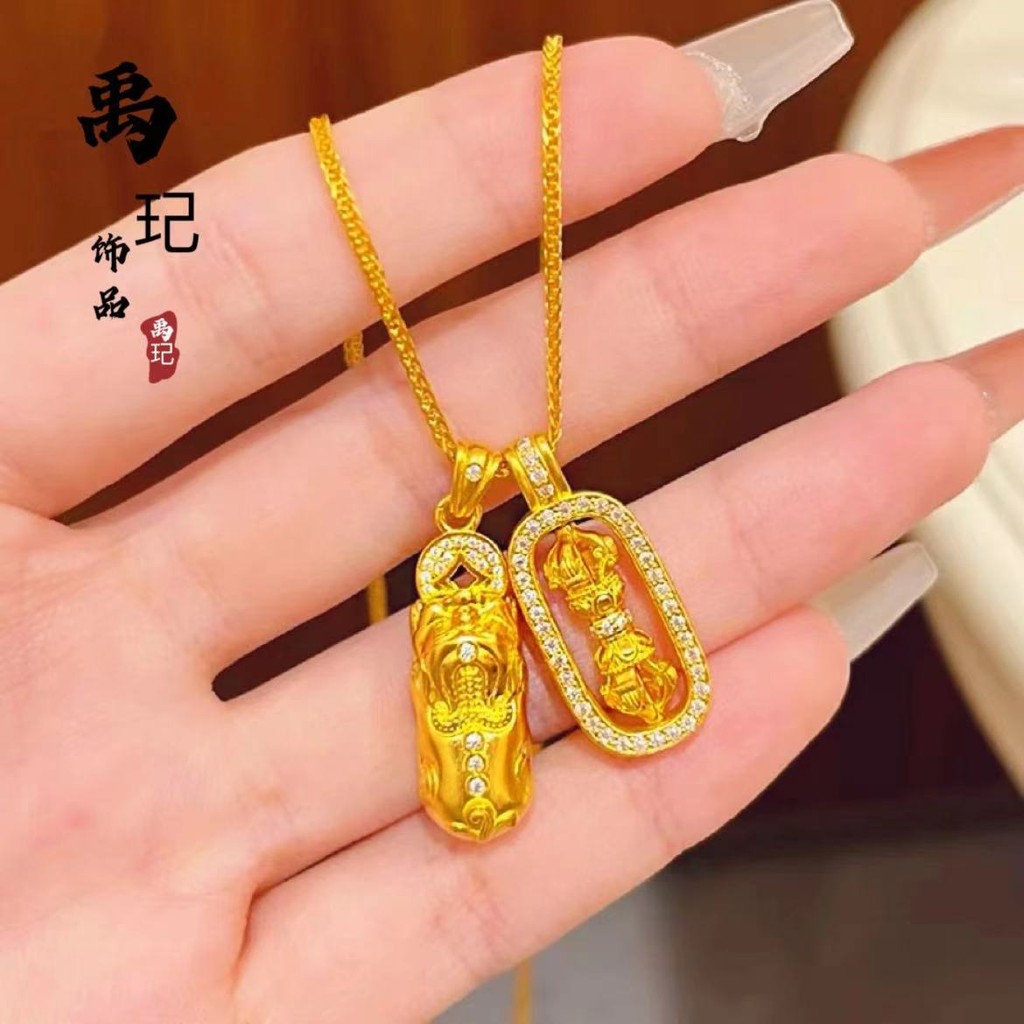 Kalung emas pasir kuno Pixiu vajra alu berlian liontin tembaga rantai tulang selangka berlapis emas 