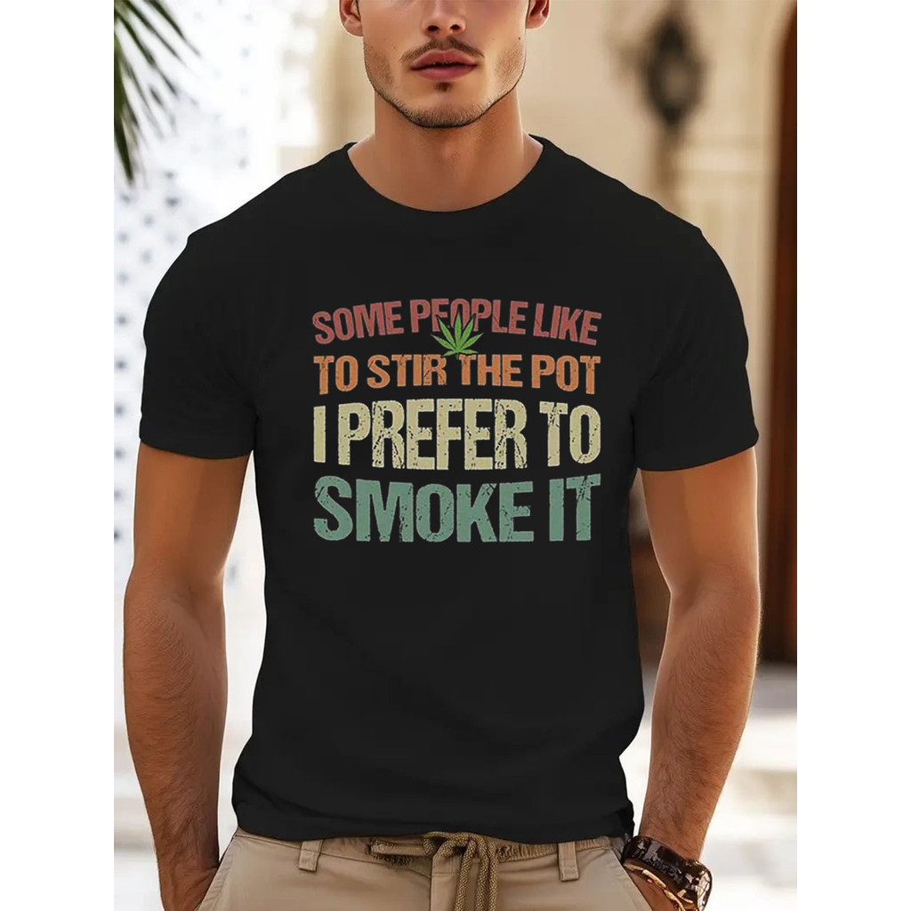 Kaos Pria Lucu Daun & Ucapan Merokok - Kaos Pernyataan 100% dengan Slogan "Suka Merokok Ganja", Kaos