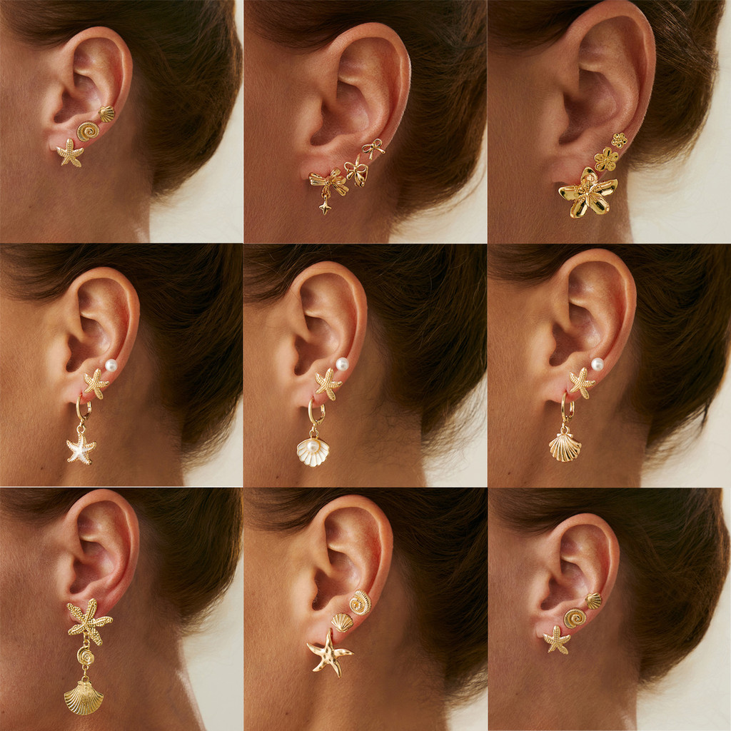 Anting Liontin Cangkang Bintang Laut Angin Laut, Earclip Bintang Busur Logam