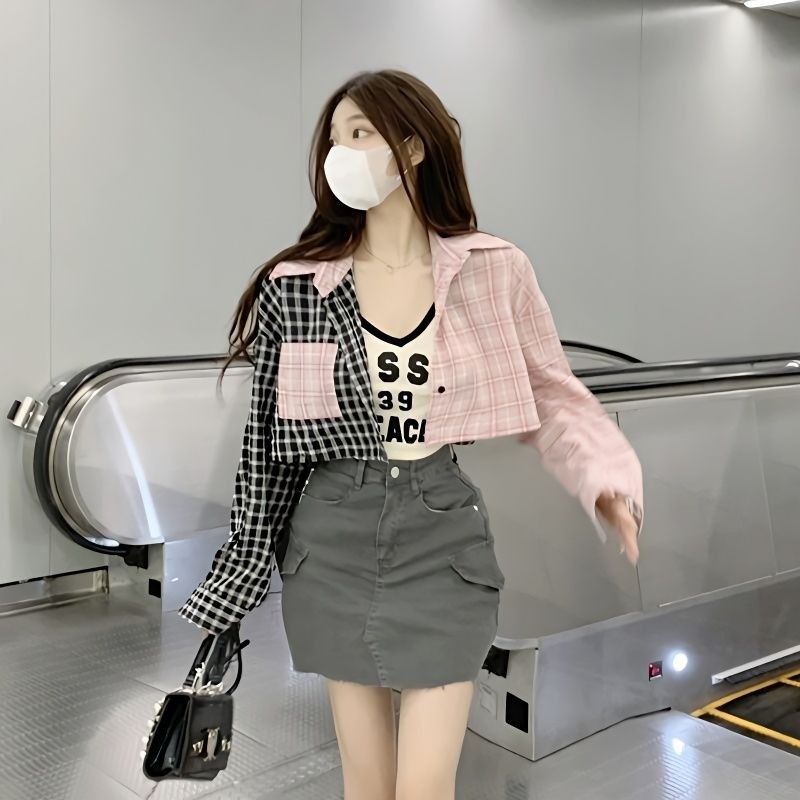 Desain rasa penyambungan warna kontras kemeja kotak-kotak wanita jaket kemeja lengan panjang