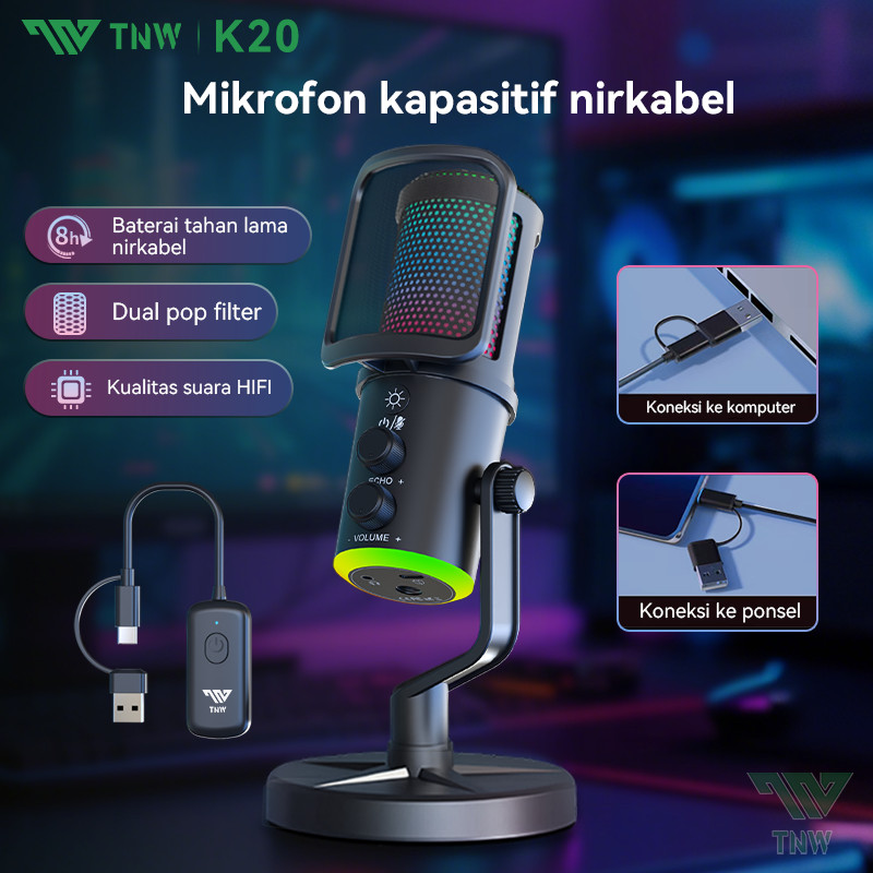 TNW K20 Wireless Microphone Condenser USB Type-C Mikrofon With RGB Light Untuk PC Streaming&Gaming