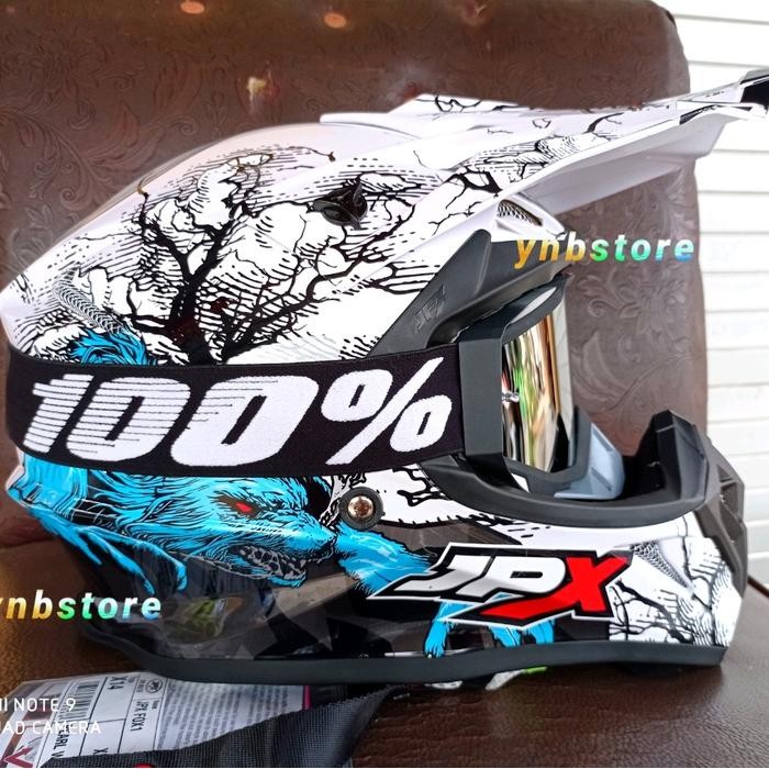 Helm JPX Cross Fox1 X14 Wolf Serigala White Putih + Kacamata Goggle Google 100% Persen - helm saja, 