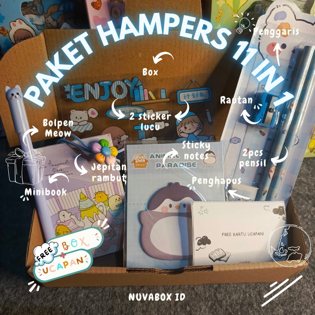 Nuvabox ID- COD SET ALAT TULIS 11 IN 1 LENGKAP FREE UCAPAN / GIFT HADIAH HAMPERS KADO SEKOLAH / GIFT