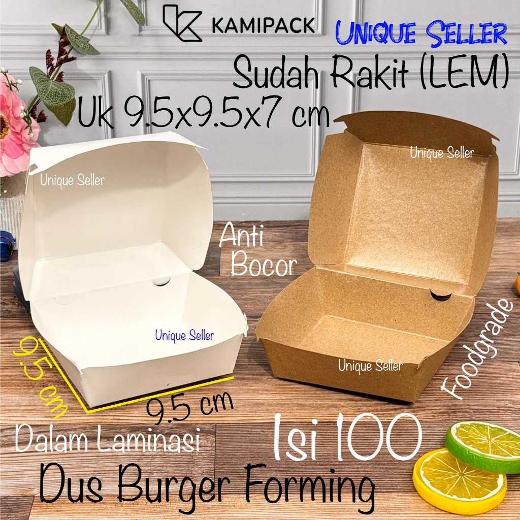 Dus Box Burger (LEM) Uk 9.5x9.5x7 cm isi 100 pcs Anti Bocor Laminasi KAMIPACK Kraft Coklat Ivory Put