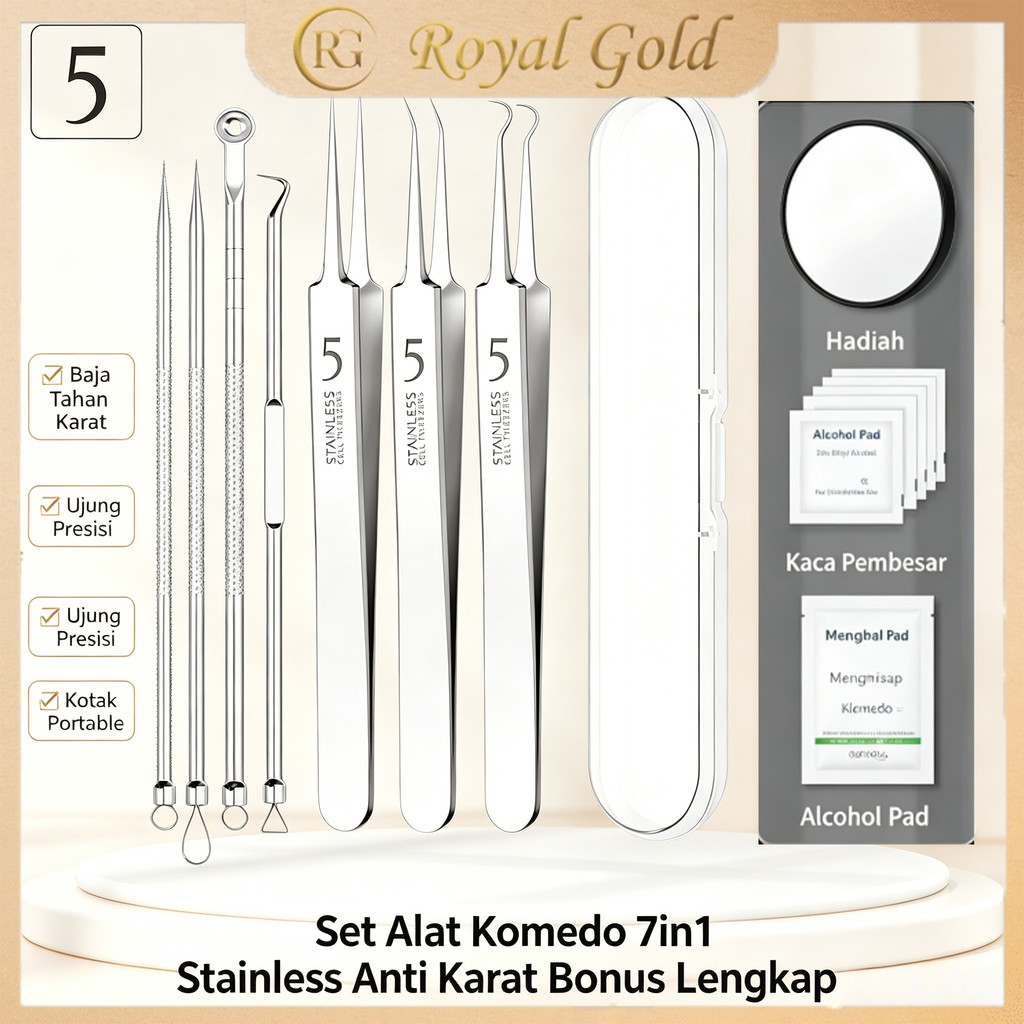 Tang Komedo No.5 Set 7 Alat Perawatan Jerawat Stainless Anti Karat Kotak Penyimpanan Portable Bonus 