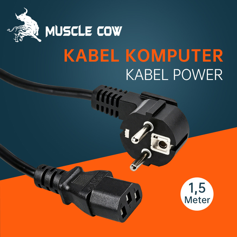 MUSCLE COW Kabel Power Komputer 1.5M, Steker Kokoh, Kabel Tebal Fleksibel, Ideal untuk CPU, Monitor,