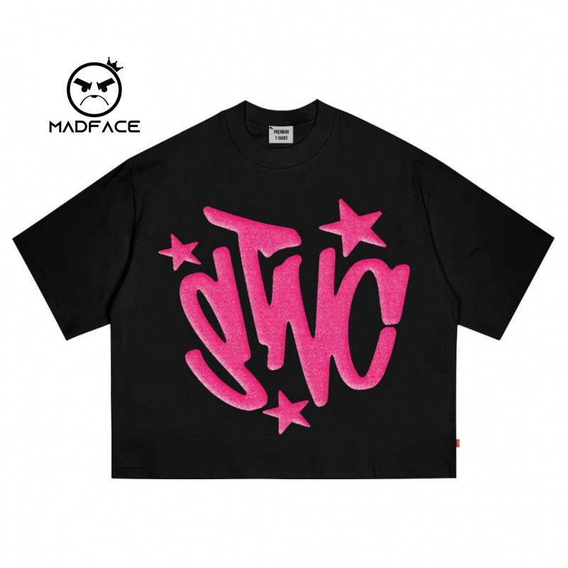 Kaos| Potongan Kotak| Bintang Merah Muda| Hitam| Kalimat