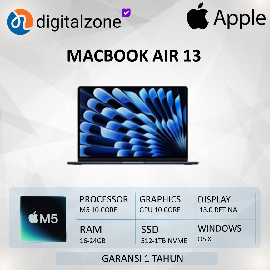 Apple Macbook Air 13 M5 2026 16-24GB 512-1TBSSD Garansi Inter / Resmi