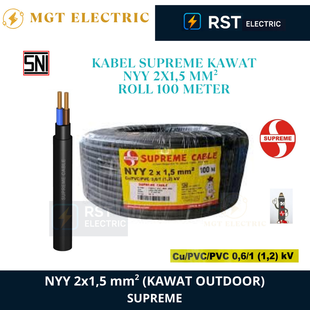 SUPREME NYY 2X1.5 MM ROL 100 METER / KABEL LISTRIK HITAM KAWAT TUNGGAL SUPREME NYY 2X1,5 ROL 100M