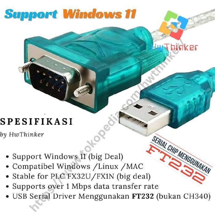 USB to RS232 DB9 MALE Kabel Serial FTDI FT232 for PLC FX3U FX1N BERKUWALITAS...