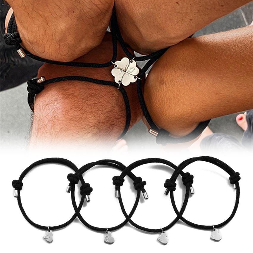 Paket Kalung & Gelang Persahabatan 4 Orang – Magnet Hati & Semanggi Empat Daun, Tali Braided Adjusta