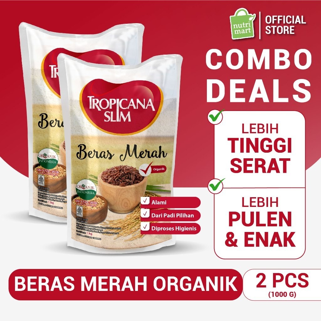 

Twin Pack - Tropicana Slim Beras Merah Organik 1 kg- Beras Merah Pulen Tinggi Serat