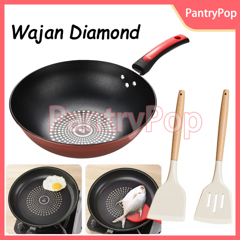 Wajan Diamond 32cm Anti Lengket Batu Medis / Wajan Gagang Jumbo Diamond Wok Pan / Anti Lengket