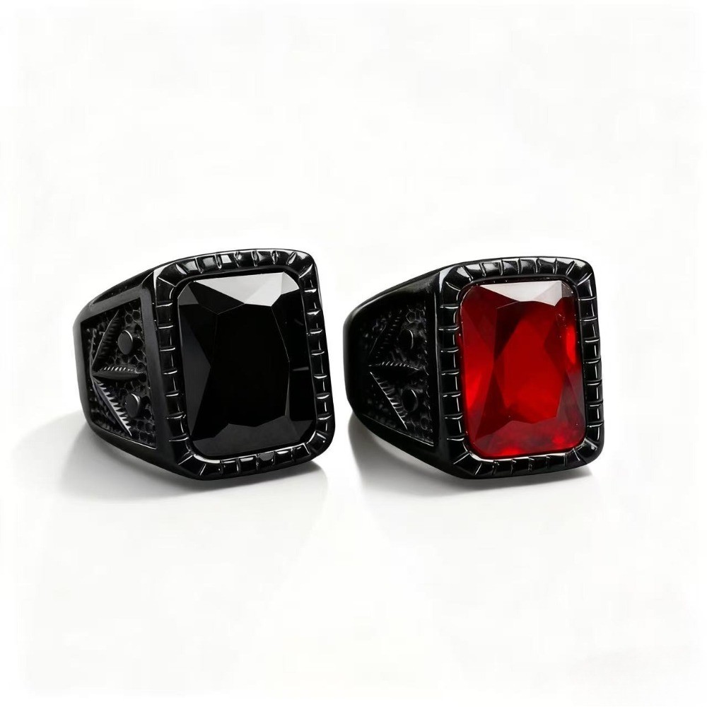 Cincin Pria Motif Batu Hitam Merah Kotak Vintage Ukiran Unik Pria Fashion Harian Trendy Glamour