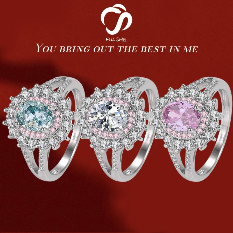 FULSHE Cincin Bunga Matahari Zircon Biru Untuk Wanita Cincin Permata Asli Berlian Penuh Mewah