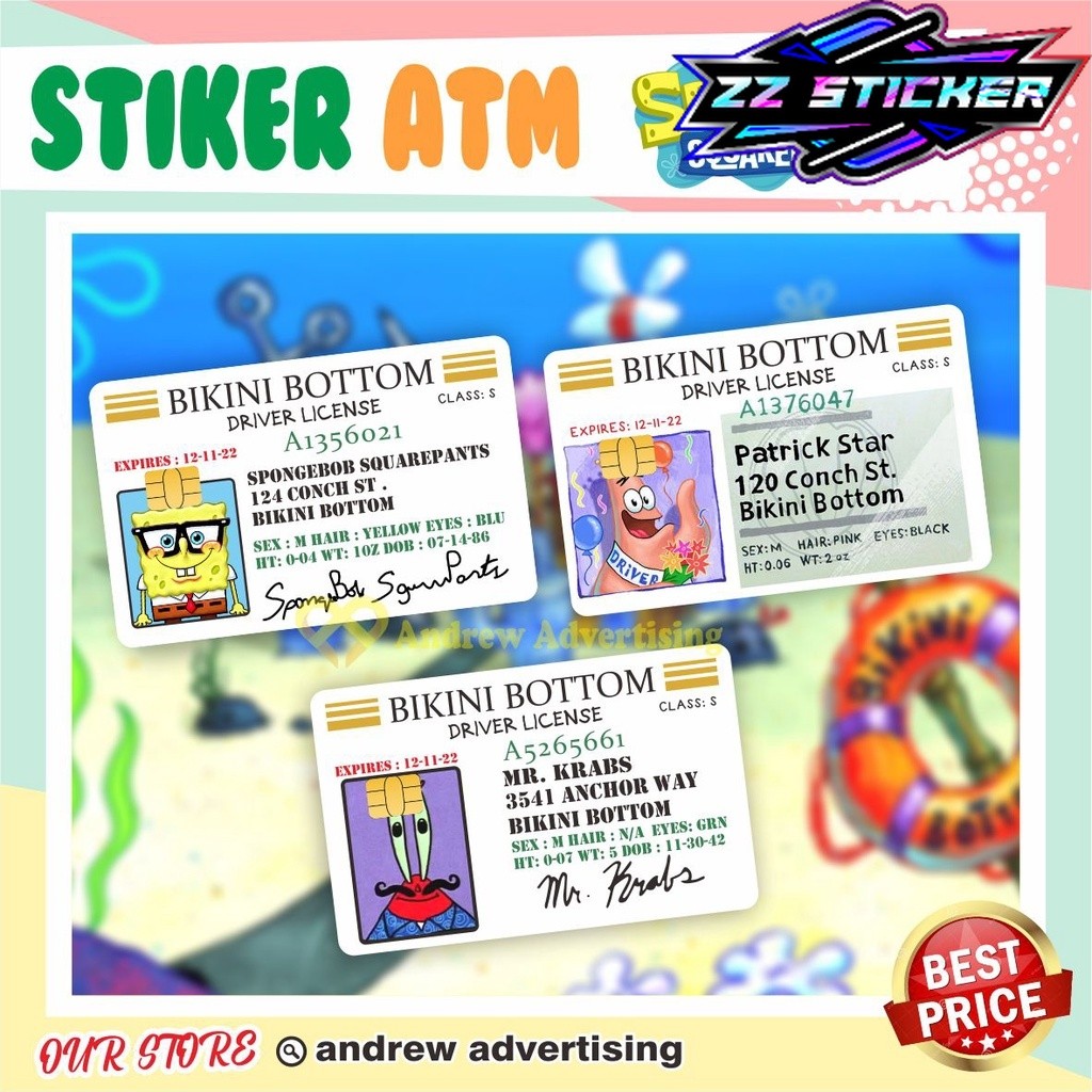 STIKER ATM SPONGEBOB | GARSKIN / STIKER KARTU ATM / SKIN KARTU ATM / DEBIT / CREDIT / EMONEY / FLAZZ