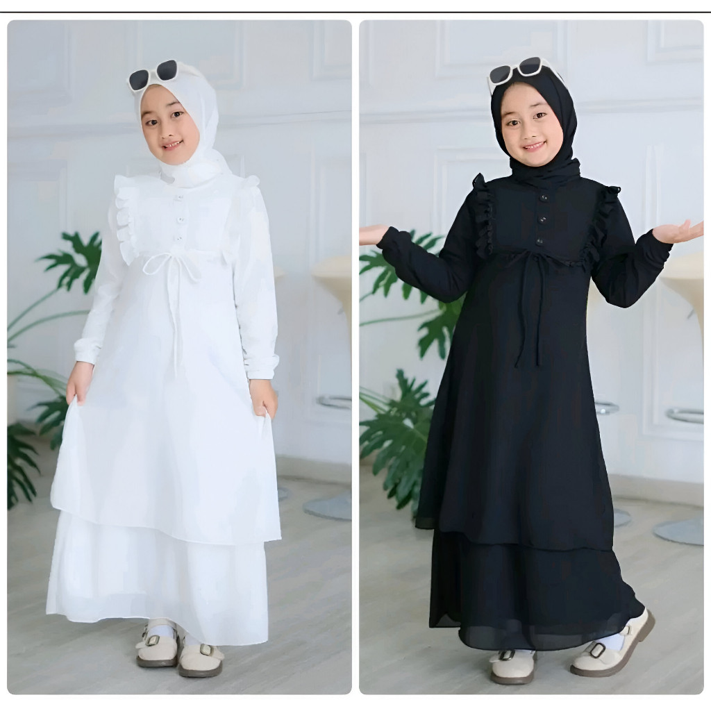 HUNTEDMANE H02 Gamis Busana Muslim Anak 3-13 Thn Warna Hitam - Putih Terbaru | Bahan Ceruti Babydoll